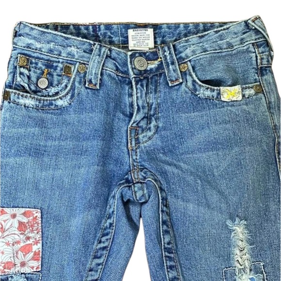 True Religion Flare Leg Floral Patchwork Quilted Distressed Jeans - Picture 3 of 10